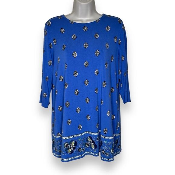 J Jill Wearever Collection Blue Paisley Border Print Tunic Women Size Medium - Picture 1 of 14